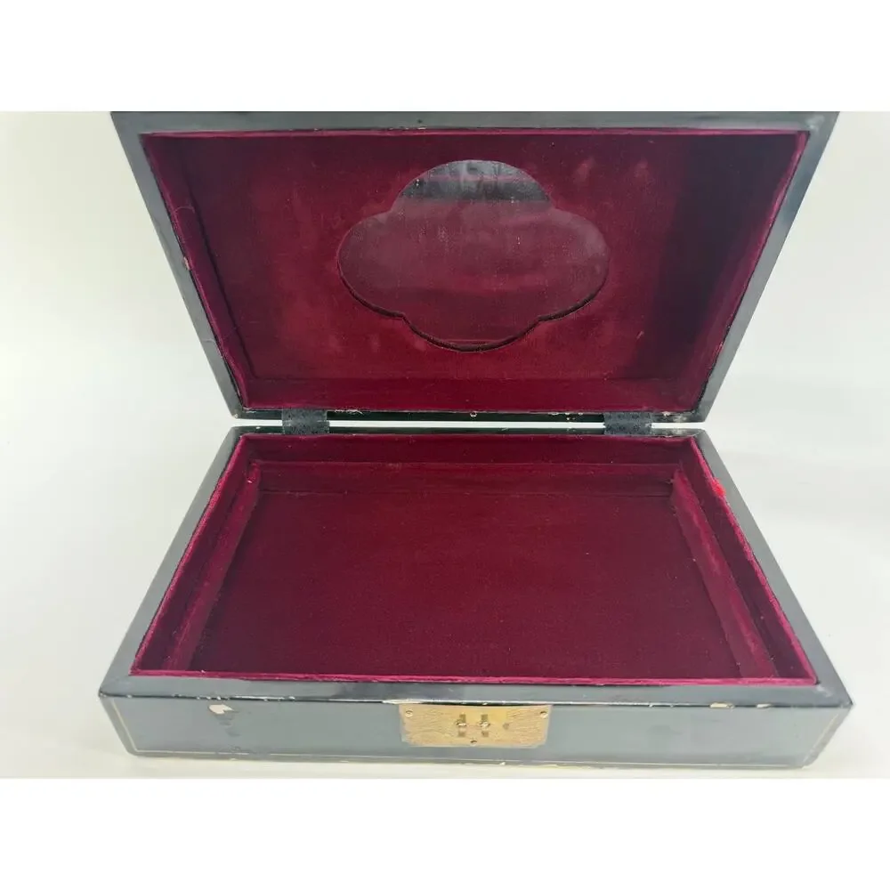 Asian Black Lacquer Jewelry Box Mother of Pearl Inlay Red Velvet 2.35 lb